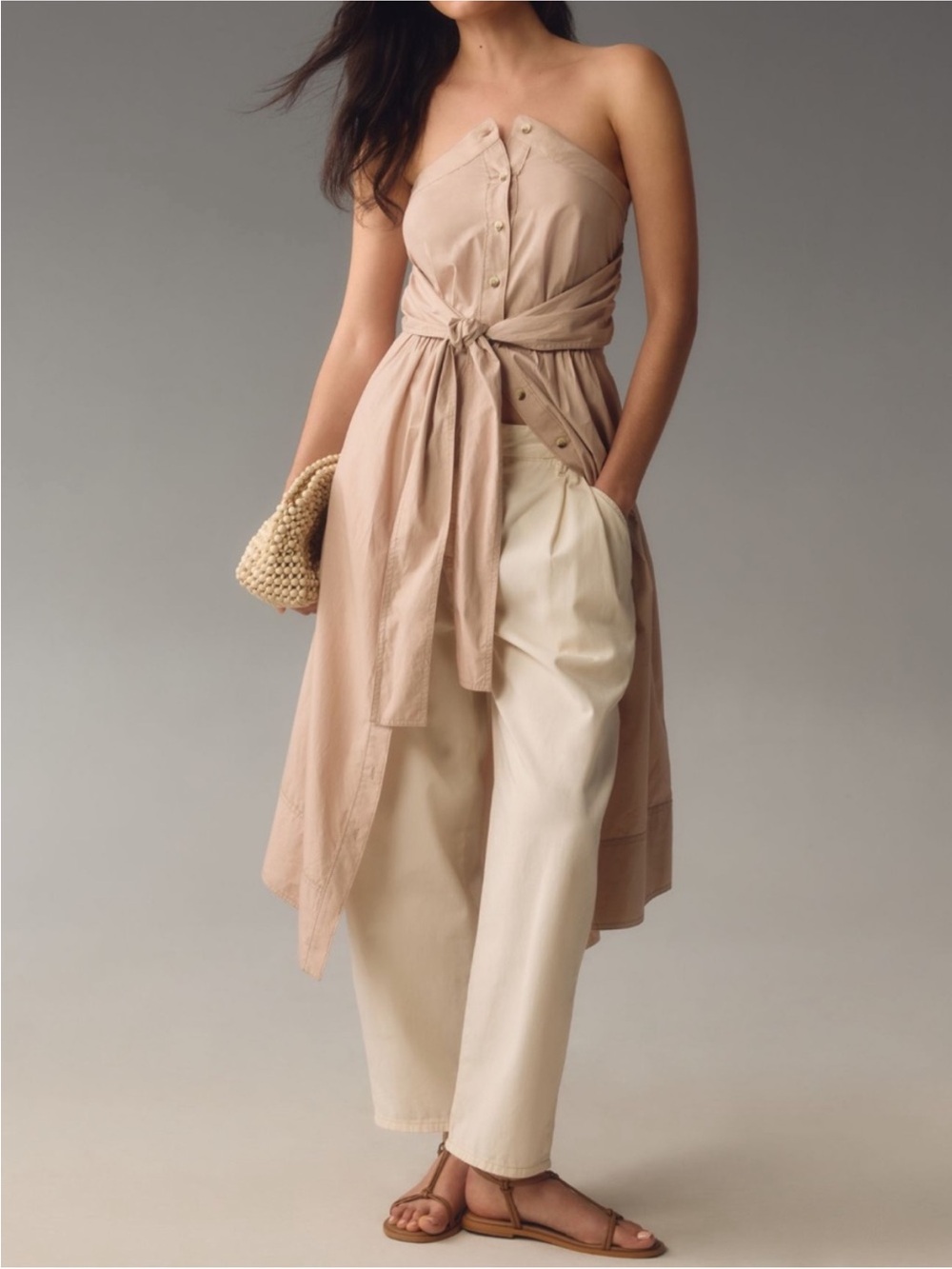 Anthropologie Pilcro Strapless Button Front Tunic Dress Taupe Tie Waist XS NWT